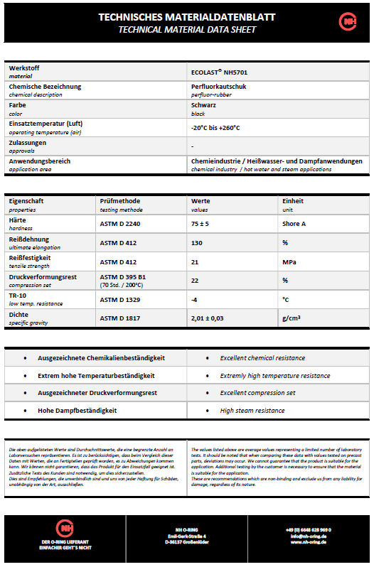 Datenblatt für die O-Ring Mischung FFKM ECOLAST NH5701